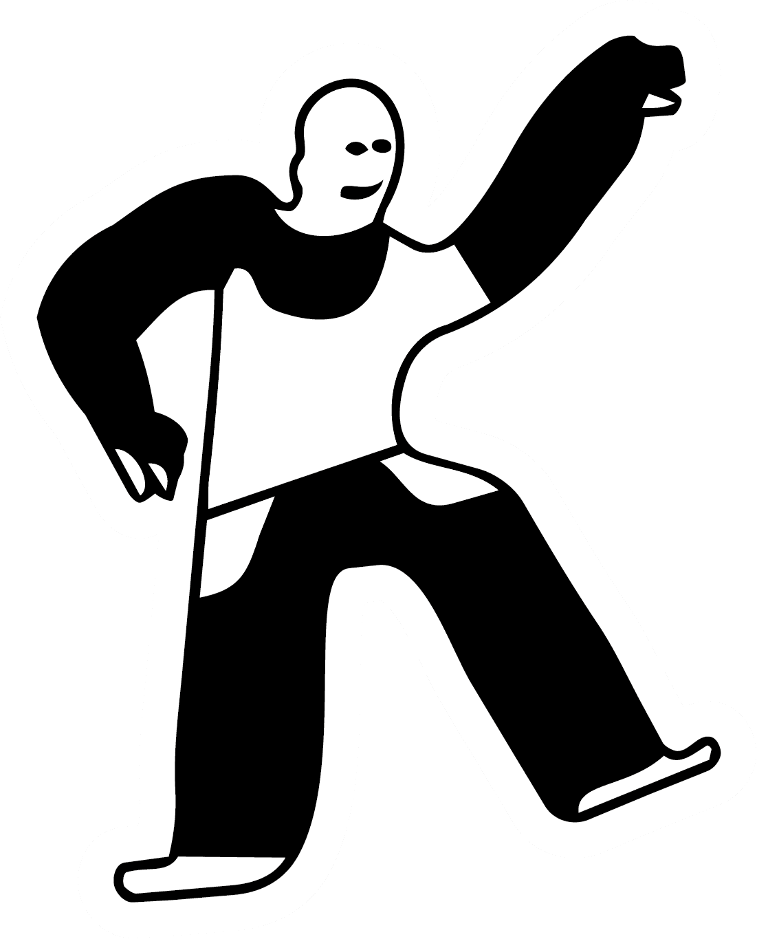 Illustrated character dancing, drawn with a shaved head