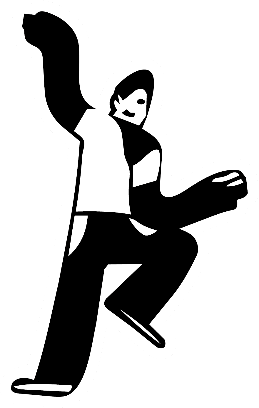 Illustrated character jumping with a raised fist